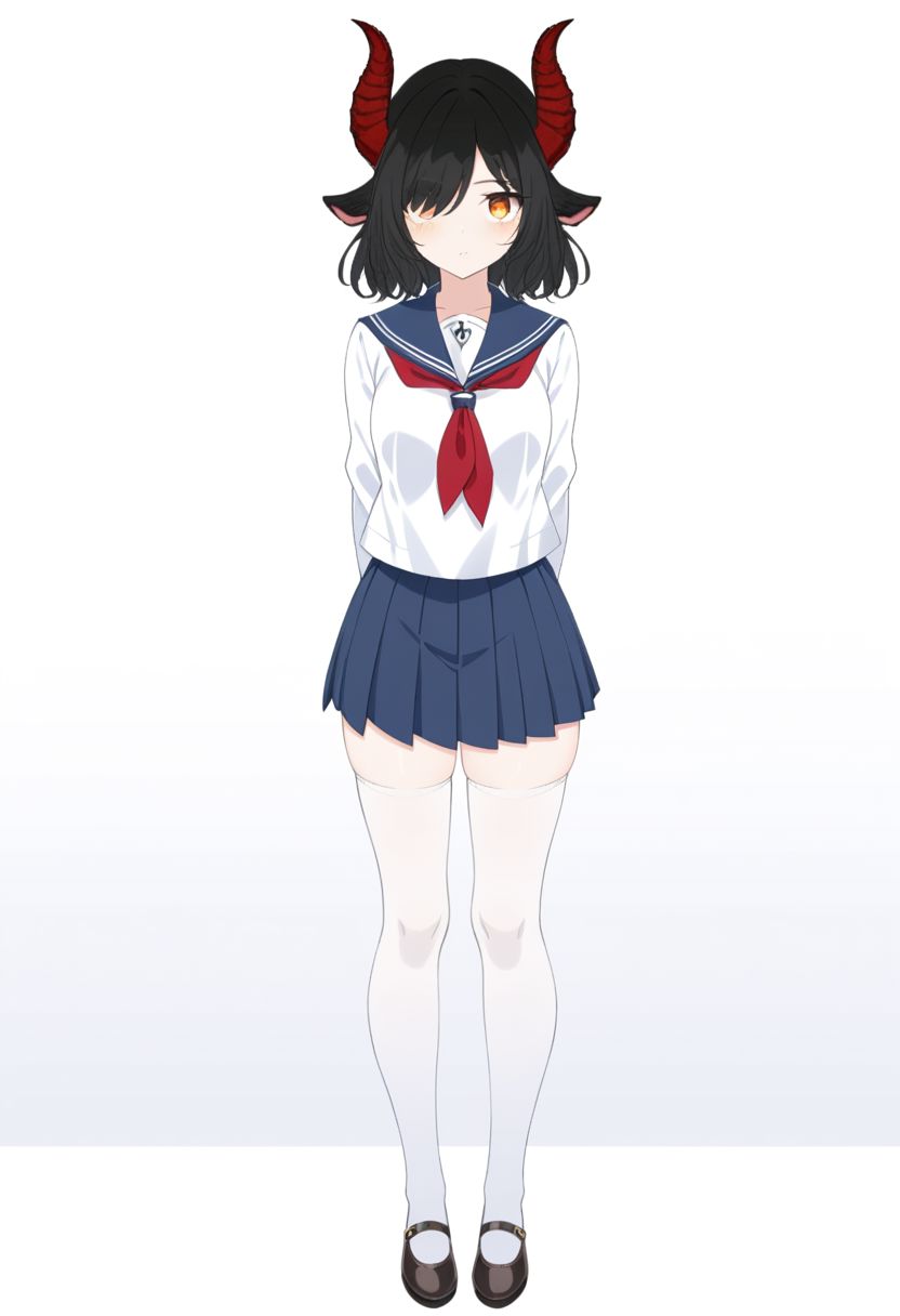((best quality)), ((highly detailed)), masterpiece, ((official art)), detailed face, beautiful face, (detailed eyes, deep eyes),anime style,white background, full body, 1girl,small breasts, 1 girl, solo, jet black hair, orange eyes, black goat ears only, red goat horns, medium hair, orange eyes, blue eyeliner, no human ears, (masterpiece:1.3), (high resolution), (8K), (extremely detailed), (4k), (pixiv), perfect face, nice eyes and face, (best quality), (super detailed), detailed face and eyes, (solo), textured skin, <lora:urabe_mikoto-09:0.7>, urabewz, school uniform, serafuku, pleated skirt, black hair, (hair over one eye), standing, indoors, looking at viewer, classroom, blue uniform bow, white uniform blouse, very dark navy blue uniform skirt, white calf-length stockings