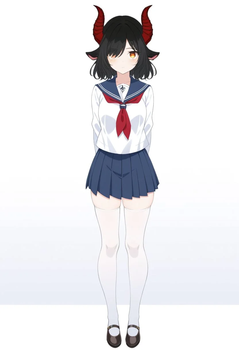 ((best quality)), ((highly detailed)), masterpiece, ((official art)), detailed face, beautiful face, (detailed eyes, deep eyes),anime style,white background, full body, 1girl,small breasts, 1 girl, solo, jet black hair, orange eyes, black goat ears only, red goat horns, medium hair, orange eyes, blue eyeliner, no human ears, (masterpiece:1.3), (high resolution), (8K), (extremely detailed), (4k), (pixiv), perfect face, nice eyes and face, (best quality), (super detailed), detailed face and eyes, (solo), textured skin, <lora:urabe_mikoto-09:0.7>, urabewz, school uniform, serafuku, pleated skirt, black hair, (hair over one eye), standing, indoors, looking at viewer, classroom, blue uniform bow, white uniform blouse, very dark navy blue uniform skirt, white calf-length stockings