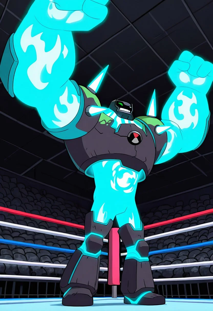 masterpiece, best quality, amazing quality, very aesthetic, absurdres, newest, , detailed background,
movie scene, cinematic scene, cinematic, foreground blur, depth of field,
shckrck, glowing, shoulder spikes, green eyes, helmet, neon trim, blue fire, big arms, massive arms, blue arms, no humans, male focus, short legs,
smile, raised arms, flex, standing, wrestler belt, boxing ring, teeth,