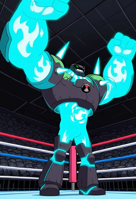 masterpiece, best quality, amazing quality, very aesthetic, absurdres, newest, , detailed background,
movie scene, cinematic scene, cinematic, foreground blur, depth of field,
shckrck, glowing, shoulder spikes, green eyes, helmet, neon trim, blue fire, big arms, massive arms, blue arms, no humans, male focus, short legs,
smile, raised arms, flex, standing, wrestler belt, boxing ring, teeth,