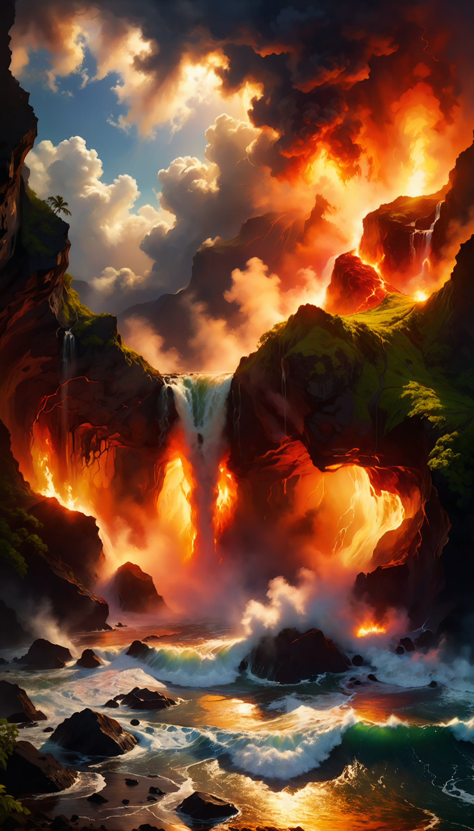 famous artwork by (maurice sapiro:1.4) and (swoon:1.3) and (phil foglio:1.3), beautiful painting of the hawaii volcanoes national park, fiery lava flows into the churning sea and creates billowing steam clouds, steaming craters, (lush green rainforests:1.1) atop a towering cliff overlooking the azure waters of the ocean, cascading waterfalls, (dramatic sky:1.2), raw volcanic power, force of nature, fiery, ovg, dramatic, scenic, awe-inspiring, crepuscular rays, ultra detailed, 8k, uhd <lora:add-detail-xl:2.4> <lora:more_artful-xl:0.6> <lora:lyco-style-envydramaticlightingxl01_digital_art-xl:0.8> <loractl:envybetterhiresfixxl01-xl:0.2:hr=1.0>