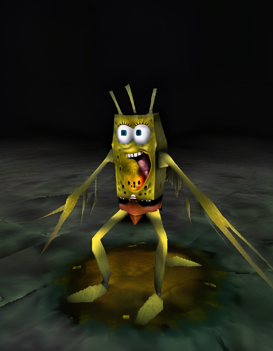 spongebob, dark souls boss, horror creature, yellow sponge ooze, (ps1 style:1.1),  <lora:ps1_style_SDXL_v1:1> (game screenshot), (computer generated image)