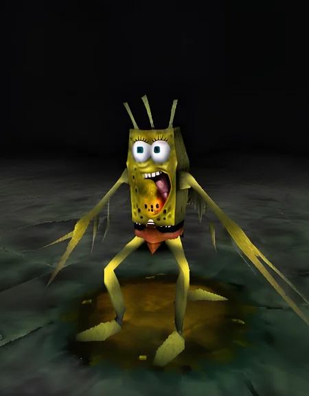 spongebob, dark souls boss, horror creature, yellow sponge ooze, (ps1 style:1.1), <lora:ps1_style_SDXL_v1:1> (game screenshot), (computer generated image)