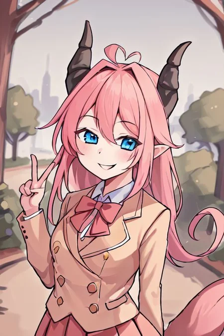 (8k uhd, masterpiece, best quality, high quality, absurdres, ultra-detailed), anime draw style, 1 girl blue eyes, horns, tail, school uniform, smiling on camera , in beautiful park
