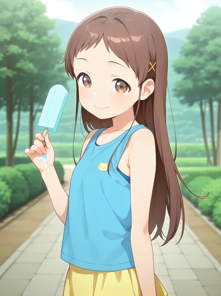 masterpiece,best quality,amazing quality, 
solo, sayama_chie, brown_eyes, brown_hair, long_hair, hairclip, blue t-shirt, sleeveless, yellow_skirt, popsicle on hand, outdoors, smile, looking at viewer