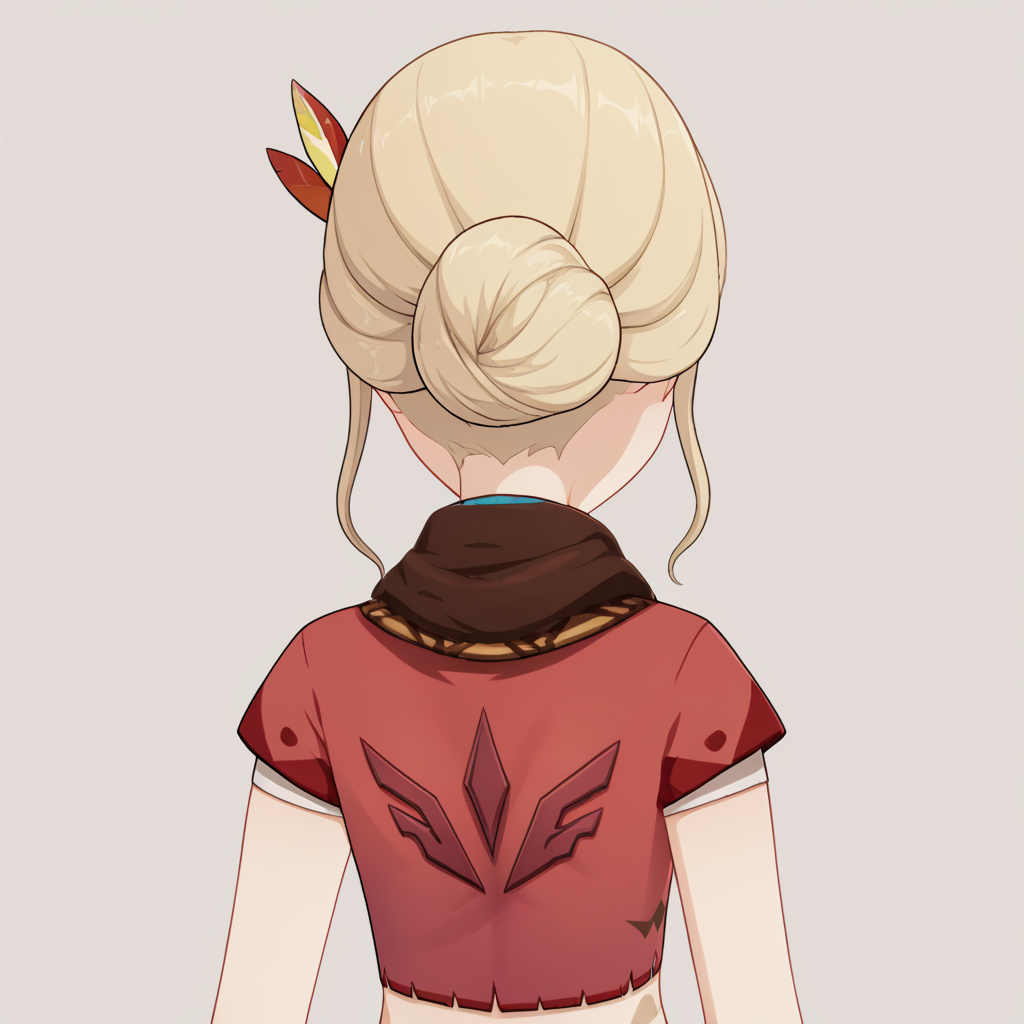 score_9, score_8_up, score_7_up, simple background, back,
1girl, bona npc, blonde hair, short sleeves, red shirt, tied hair, 
 <lora:bona_npc_pony_v1:1>