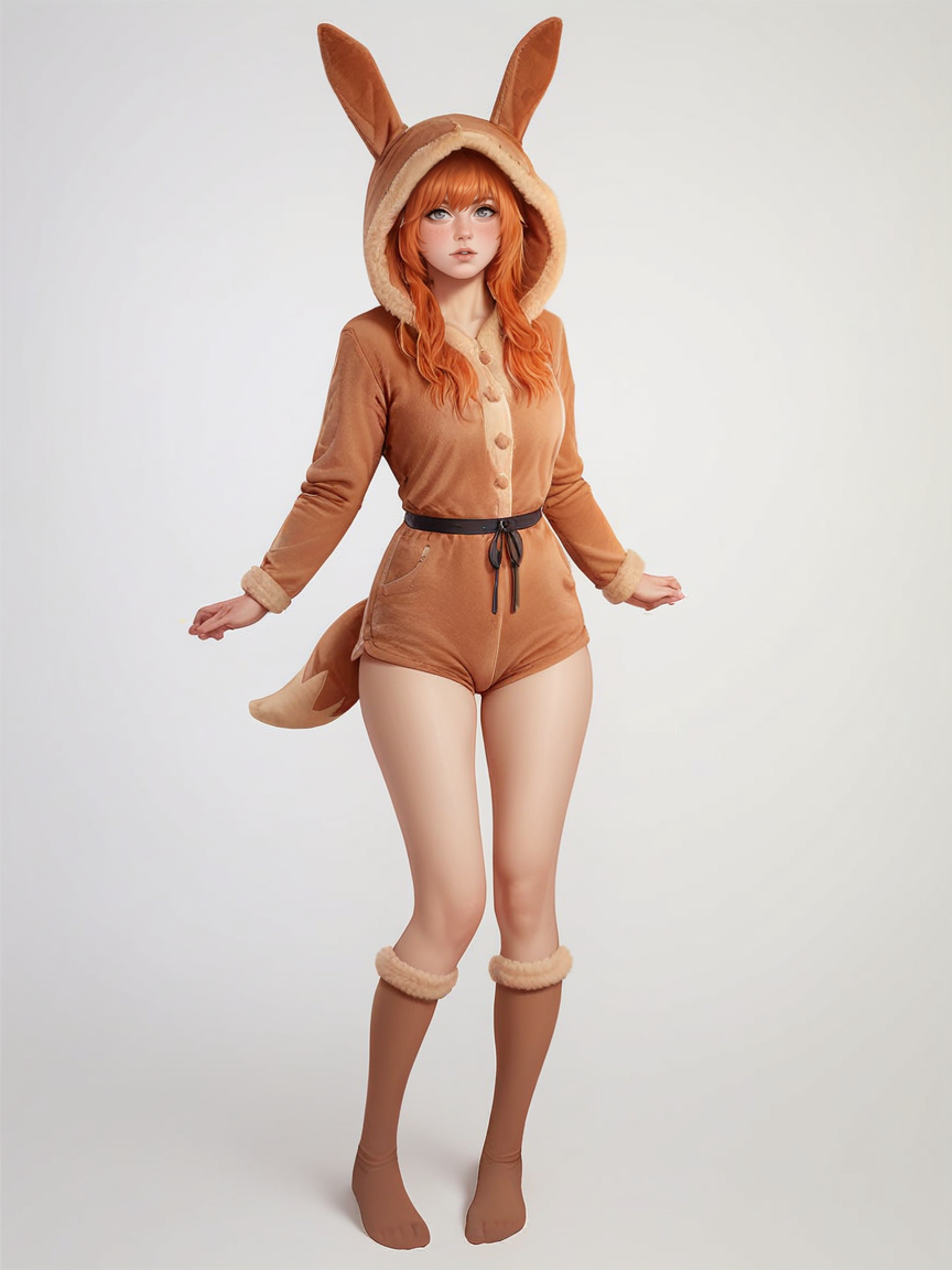 score_9, score_8_up, score_7_up, score_6_up, score_5_up, score_4_up, 1girl,  <lora:33v33XLP:0.5> 33v33, onesie, ears, tail, knee high socks, hood up, full body,  ginger hair, long hair, curvy