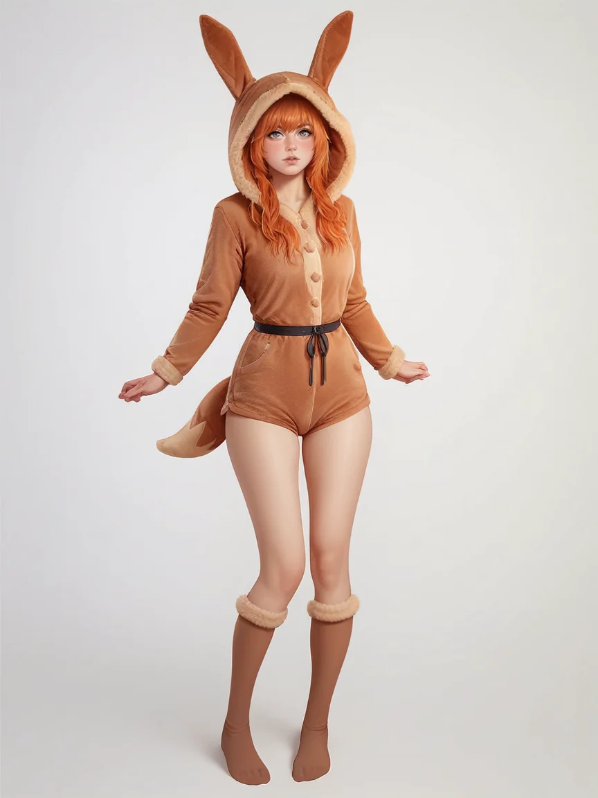 score_9, score_8_up, score_7_up, score_6_up, score_5_up, score_4_up, 1girl, <lora:33v33XLP:0.5> 33v33, onesie, ears, tail, knee high socks, hood up, full body, ginger hair, long hair, curvy