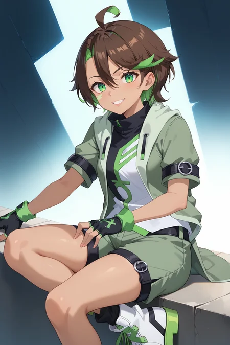 score_9, score_8_up, score_7_up, source anime, prefect lighting, very aesthetic, BREAK, anime coloring,
<lora:jessica_cruz_v1-pdv6:0.9>, 1girl, jessica cruz, green eyes, brown hair, multicolored hair, short hair, hair between eyes, ahoge, dark-skinned female, facial mark,
cruzout, shirt, short sleeves, black gloves, fingerless gloves, open jacket, green jacket, green shorts, green footwear,
BREAK, looking at viewer, light smile,
BREAK,