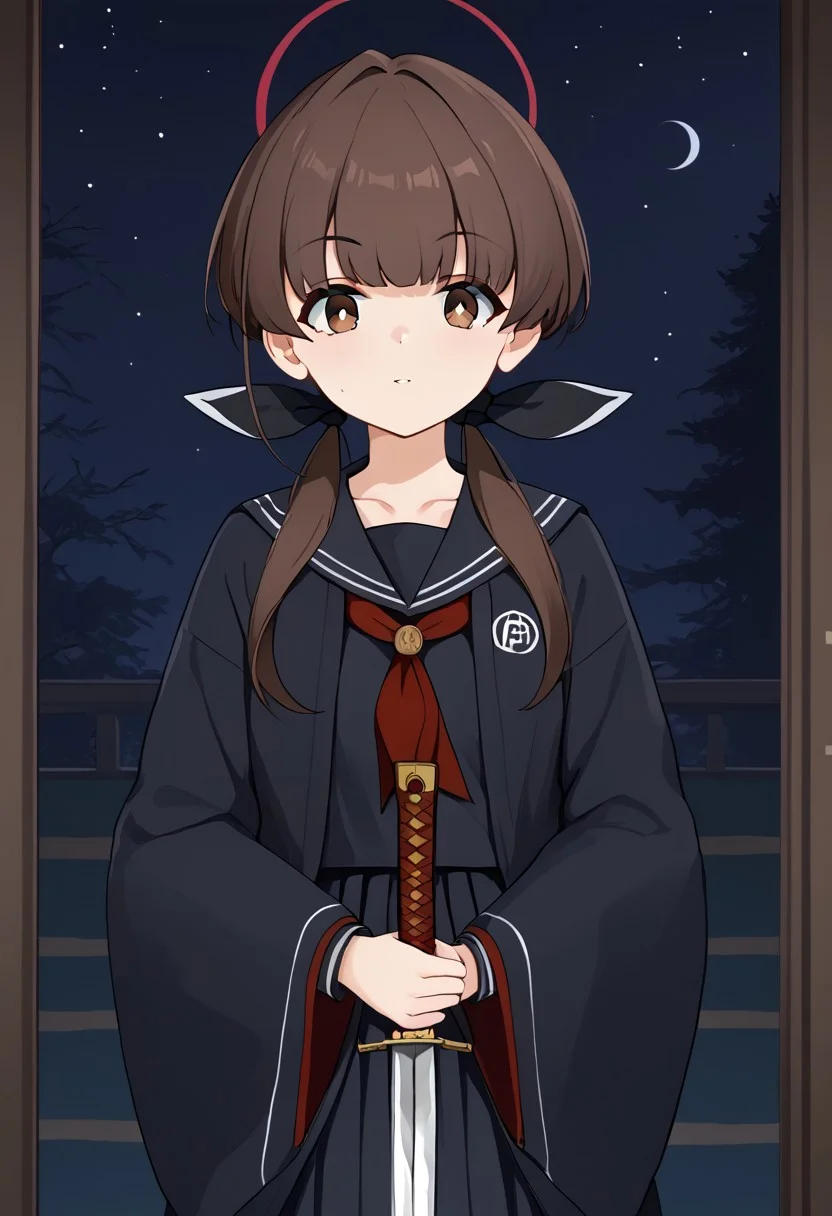1girl, solo, solo focus, highres, absurdres, Kohane_KV, brown hair, brown eyes, bangs, twintails, low twintails, long hair, halo, hair ribbon, black ribbon,
school uniform, black sailor collar, black serafuku, red neckerchief, pleated skirt, long sleeves, black skirt, wide sleeves, collarbone, black shirt,
looking at viewer, ((holding sword, unsheathing, holding sheath,))
east asian architecture, night, night sky, dark, backlighting, silhouette,