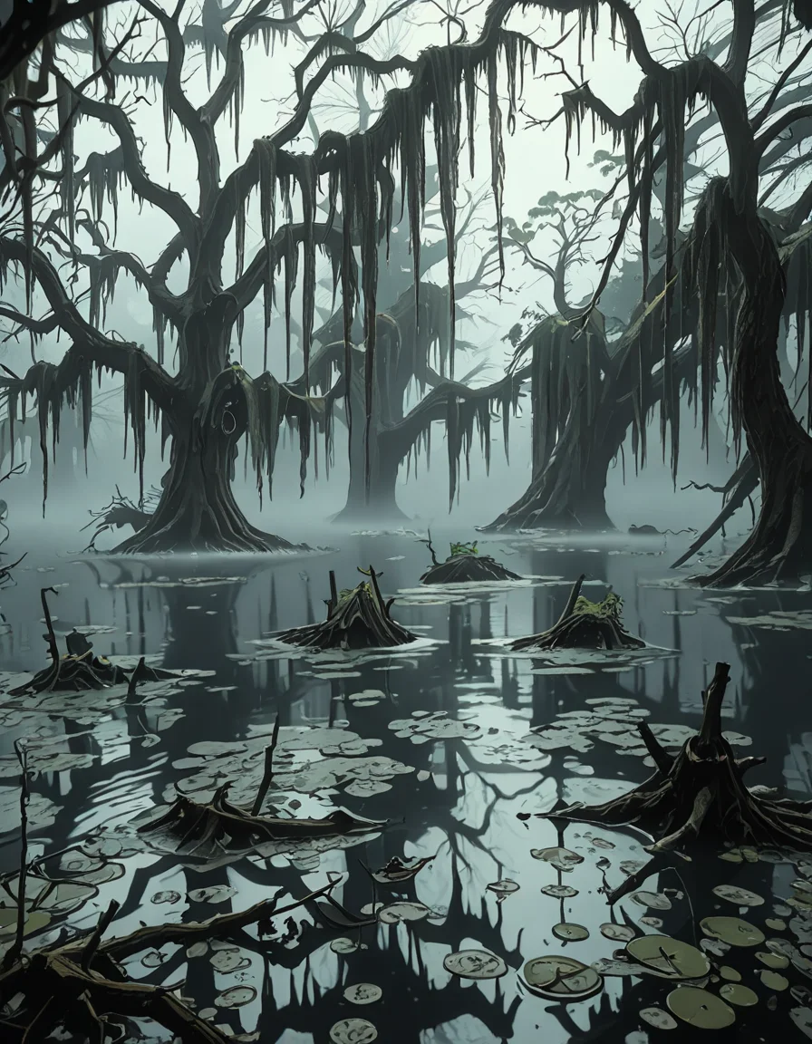 A dark and eerie swamp shrouded in thick mist, with twisted, gnarled trees rising from the murky water. Their bare branches reach out like skeletal fingers, draped in long, hanging moss. The water is still, reflecting the dim, overcast sky, with occasional ripples hinting at unseen movements beneath the surface. In the distance, decaying wooden structures, possibly remnants of an abandoned cabin or pier, are partially submerged and covered in moss. The air feels heavy and damp, filled with an eerie silence except for the occasional distant croak of a frog or the rustling of unseen creatures. Faint, ghostly lights hover above the water, casting an unnatural glow. The atmosphere is ominous and foreboding, evoking a sense of mystery and unease.
<lora:SDXLFaeTastic2400:0.4> <lora:extremely_detailed:0.4> extremely detailed, <lora:0m1n0us_sw4mp_ill:1>,0m1n0us sw4mp, Masterpiece,best quality,hi res,8k,hi res,8k,award winning,(sharp focus, intricate, highly detailed),