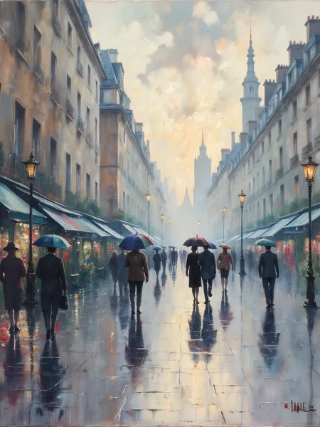 Gustave Caillebotte, Paris Street, Rainy Day,
The image shows pedestrians walking down a wide Parisian street on a rainy day. Umbrellas dot the scene, and the wet cobblestones reflect the city’s buildings and lampposts in muted tones.
pedestrians, street, rain, umbrellas, cobblestones, reflection, city, muted tones