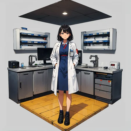 hexagonal composition, woman, lab coat, metal floor, metal door, scientific equipment, screens, simple background <lora:hexagon_composition_03:0.6>