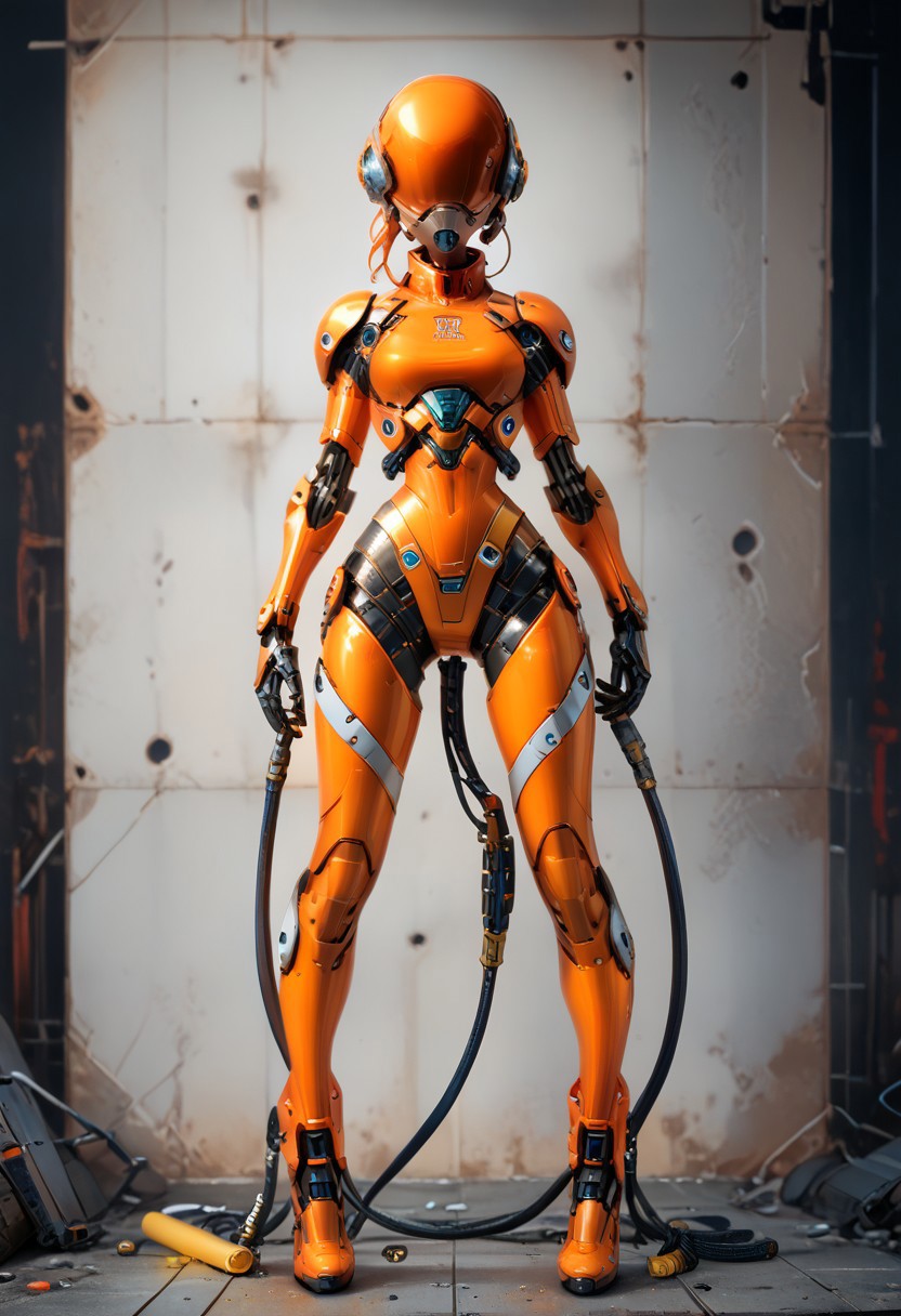 highly detailed and dramatic digital artwork, featuring a front view stealthy woman hiding behind a wall, in background a impressive cargo ship docked at the docks. she stands with her back to the wall, looking to the side.
she wears a seamless orange latex leggings, her heels seamlessly merge with the leggings. her top is a tight orange latex turtleneck crop top. she wears a yellow leg harness and two yellow belts. her short blond hair, styled as ponytail, has orange streaks. bold dark eye markup and lashes accentuate her blue eyes.
the dramatic composition is secretive, silent and ghostly, creating a suspenseful and tense mood with a noir atmosphere.
the overcast gloomy night, dimly lights the environment in cold tones, creating a stark contrast with the woman's warm tones.
asdfm3cha,
cyb0rg, science fiction, cable, mechanical parts,