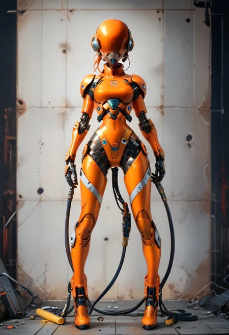 highly detailed and dramatic digital artwork, featuring a front view stealthy woman hiding behind a wall, in background a impressive cargo ship docked at the docks. she stands with her back to the wall, looking to the side.
she wears a seamless orange latex leggings, her heels seamlessly merge with the leggings. her top is a tight orange latex turtleneck crop top. she wears a yellow leg harness and two yellow belts. her short blond hair, styled as ponytail, has orange streaks. bold dark eye markup and lashes accentuate her blue eyes.
the dramatic composition is secretive, silent and ghostly, creating a suspenseful and tense mood with a noir atmosphere.
the overcast gloomy night, dimly lights the environment in cold tones, creating a stark contrast with the woman's warm tones.
asdfm3cha,
cyb0rg, science fiction, cable, mechanical parts,