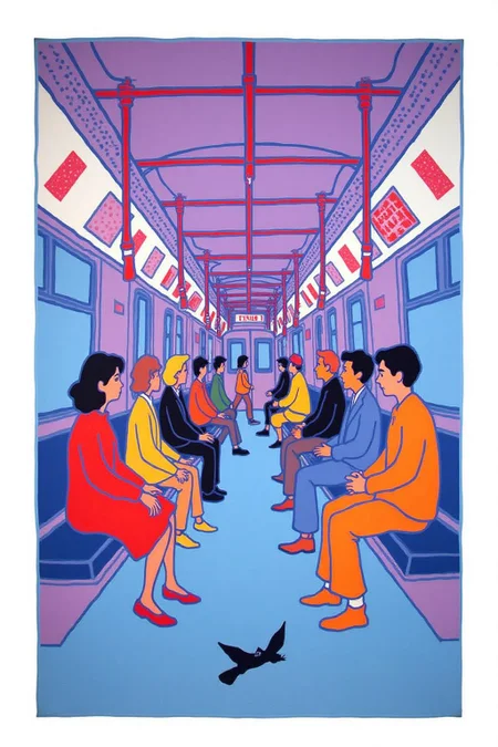 teha1 illustration.
A scene inside a subway train. With passengers show side way in profiles. The interior of the train is shown with vertical red lines, representing poles. <lora:teha1_cap_d6a3e11:1.0><lora:827678316057207751:0>