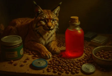 a painting of a lynx sitting on a pile of coffee beans, clutter, trash, messy bench, cans, tools, computer parts, electronics, light bulbs, batteries, charger, 18650, wires, cardboard boxes, random items, various objects, disorganized storage, stone wall, low key, spot lighting, BREAK glass jars, green goo, yellow goo, glass bottle, red liquid, backlit