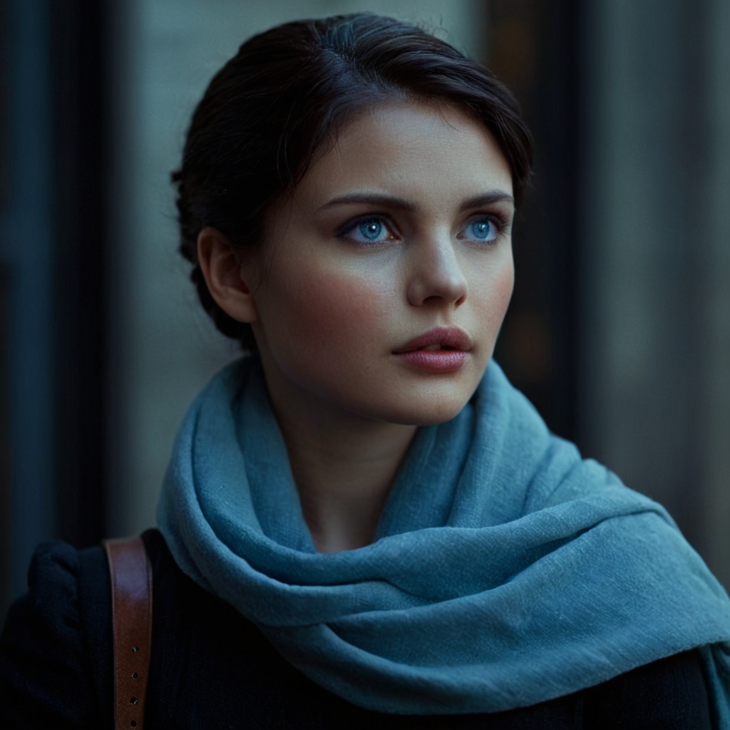 cinematic film still of cinematic film still of <lora:add-detail-xl:0.1>1
<lora:detailed:0.3> realism
<lora:perfection style:0.2> perfect
<lora:eyetune:0.6>
<lora:xl_more_art-full_v1:0.1>
<lora:Ron Fricke style:0.3>
<lora:Unreal Engine style:0.3>
<lora:TeethXL:0.3>
<lora:Chiaroscuro Lighting Style:0.3> Chiaroscuro Lighting Style
 <lora:Three-quarter view style:1>
Three-quarter profile view 3/4 angle view of a woman in a scarf holding a cell phone, profile view, movie themed, sharp, detailed, epic cinematic photography, artistic, dramatic light, cinematic color style, Kodak film style, Three-quarter view style, 1girl, solo, blue eyes, black hair, bare shoulders, upper body, lips, city, realistic, cityscape, sad, short hair, collarbone, hand on own shoulder, looking to the side,renaissance,15th and 16th centuries, shallow depth of field, vignette, highly detailed, high budget, bokeh, cinemascope, moody, epic, gorgeous, film grain, grainy