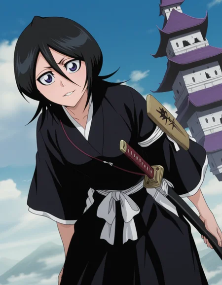 masterpiece, best quality, amazing quality,, <lora:rukia-kuchiki-anime-illustriousxl-lora-nochekaiser:1>, rukia kuchiki, black hair, hair between eyes, purple eyes, short hair, mature female, small breasts, anime screencap, weapon, japanese clothes, sword, kimono, katana, sheath, hakama, black kimono, long sleeves, wide sleeves,, floating castle, sky, magical, clouds, fantasy, smile, leaning forward, looking at viewer, solo,, cowboy shot, solo