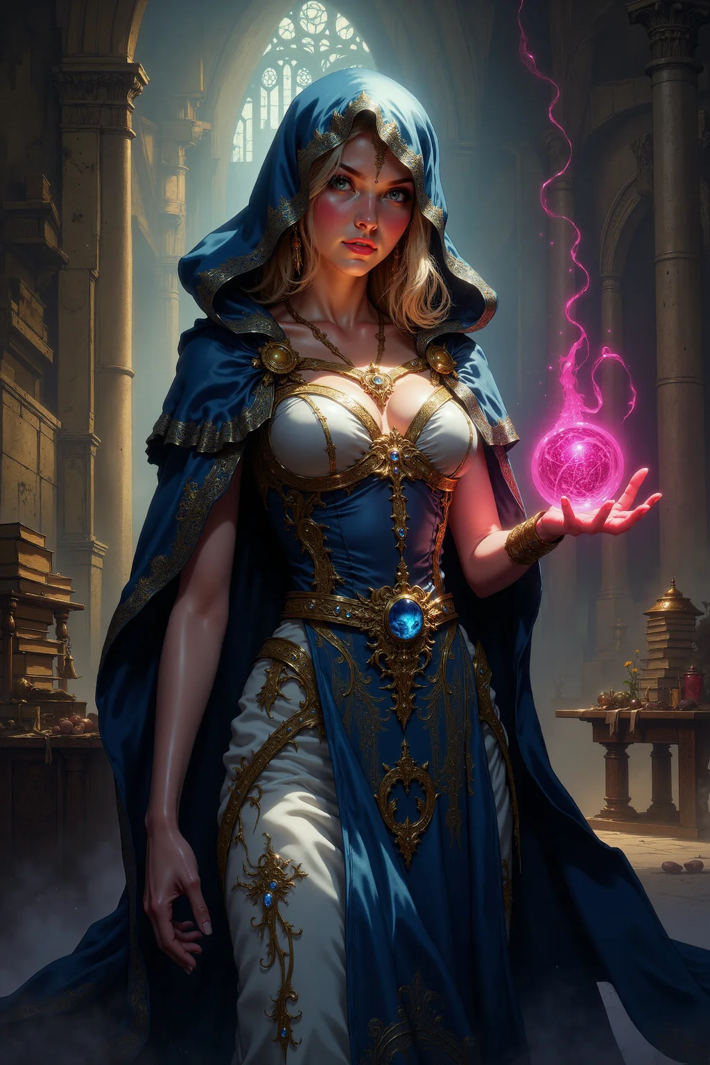 <lora:FANCHA_style:0.9> FANCHA style.
The image features a captivating sorceress in a grand, mystical setting, with her flowing cloak rendered in a rich shade of blue, deepening the sense of mystery and magic she exudes. The fabric of the blue hood is adorned with intricate gold embroidery, creating swirling patterns that shimmer faintly in the warm, ambient light. Her platinum blonde hair cascades around her shoulders, contrasting beautifully against the darker, regal tones of her cloak. Her piercing blue eyes glow with intelligence and focus, framed by a long eyelashes. Her attire is an elegant mix of practicality and beauty, with a fitted bodice featuring white and deep indigo panels accented with fine golden trim. The metallic pauldrons and decorative embellishments along her cloak's edges add a sense of authority and craftsmanship, featuring ornate designs inset with shimmering gemstones. The jewelry she wears, including her pendant with glowing azure stones, stands out vividly against the blue fabric. In her hand, she holds a conjured orb of radiant pink and white energy, surrounded by intricate magical runes floating around the orb. The glowing orb casts soft pink light onto her face, clothes and surroundings, contrasting sharply with the blue of her cloak. Thin, smooth, glowing wisps of magical energy dance around the orb, adding motion and life to the scene. The spell-work's dynamic vibrancy is further emphasized by faint trails of pink energy swirling around her. The background remains a grand, dim, ancient hall, its tall arched windows allowing sun's rays to filter in, illuminating dust particles floating in the air and the stone architecture with a golden hue. Stacks of books and alchemical tools on nearby tables reinforce her scholarly and arcane prowess. The interplay of colors—blue, white, and gold—combined with the glowing pink magic, creates a visually stunning composition that highlights her elegance, power, and mastery of the mystical arts.