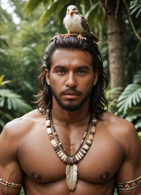 score_9, score_8_up, score_7_up, 1boy, amazonian, bird on head, bird, looking at viewer, black hair, upper body, dark skin, necklace, muscular, dark-skinned male, beard, topless male, mature male, tribal