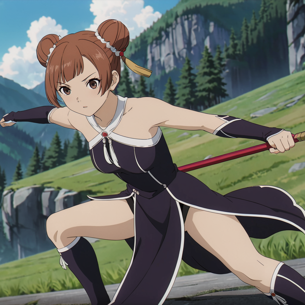 <lora:LaufenXL002>,<lora:DetailedEyes_V3:1.6>,
solo,
anime screencap,
Laufen,1girl,brown hair,double bun,brown eyes,hair_ornament,
black dress,bare shoulders,
gloves,
pelvic curtain,
boots,
fighting_stance,holding polearm,nature,