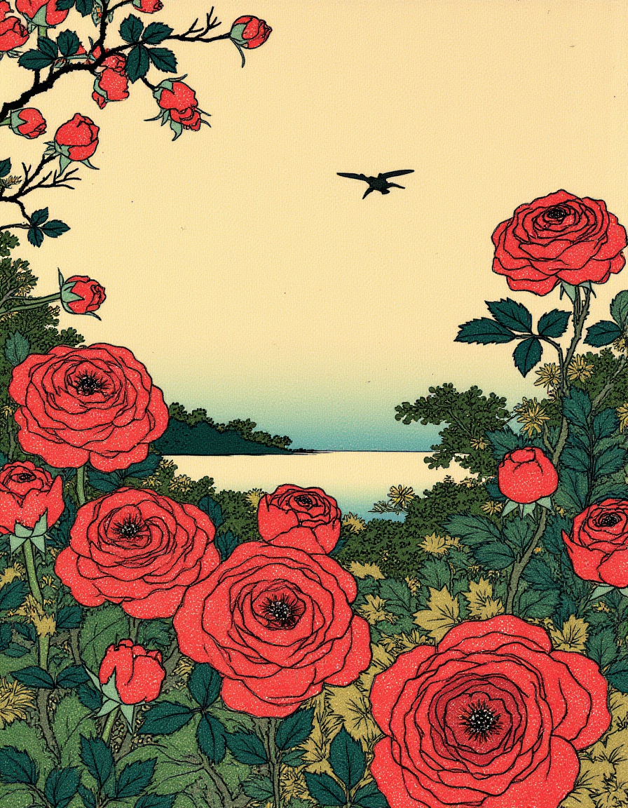 Ukiyo-e style by Hokusai, a vibrant rose garden with dew on the petals, under the soft morning light