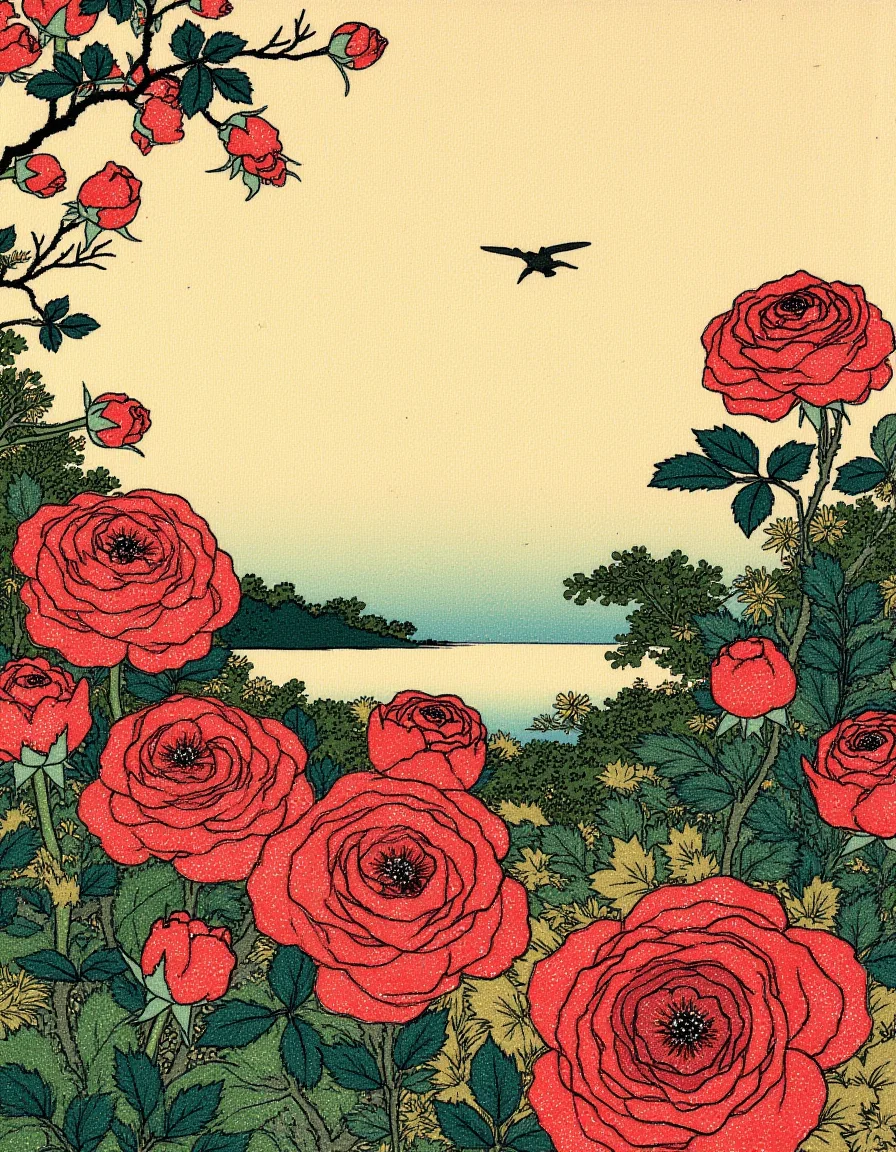 Ukiyo-e style by Hokusai, a vibrant rose garden with dew on the petals, under the soft morning light