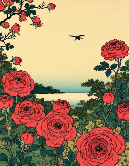 Ukiyo-e style by Hokusai, a vibrant rose garden with dew on the petals, under the soft morning light