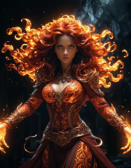 Woman with fiery hands, CGI style, intricate details, dynamic lighting, dramatic pose, dark background, traditional hand-drawn animation elements, flowing hair, glowing flames, detailed clothing, cinematic effect, high contrast