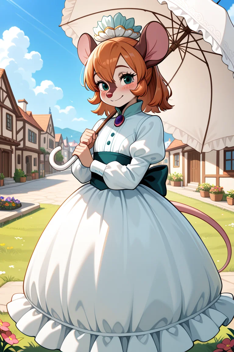 masterpiece, best quality, amazing quality, very aesthetic, high resolution, ultra-detailed, absurdres, newest  BREAK 1girl, solo, Bridget_AT, anthro, furry female, mouse ears, mouse tail, green eyes, white dress, blush, holding parasol, white parasol, looking at viewer, smile, outdoors, town, buildings, grass, flowers, day, blue sky