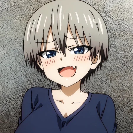 1girl, solo, bangs, uzaki hana, blue eyes, short hair, large breasts, grey hair, fang, open mouth, skin fang, smile, smug, hair between eyes, :d, looking at viewer, blush, portrait, shirt, half-closed eyes, simple background, grey background, <lora:hana:1><hypernet:sgqo1n:1>