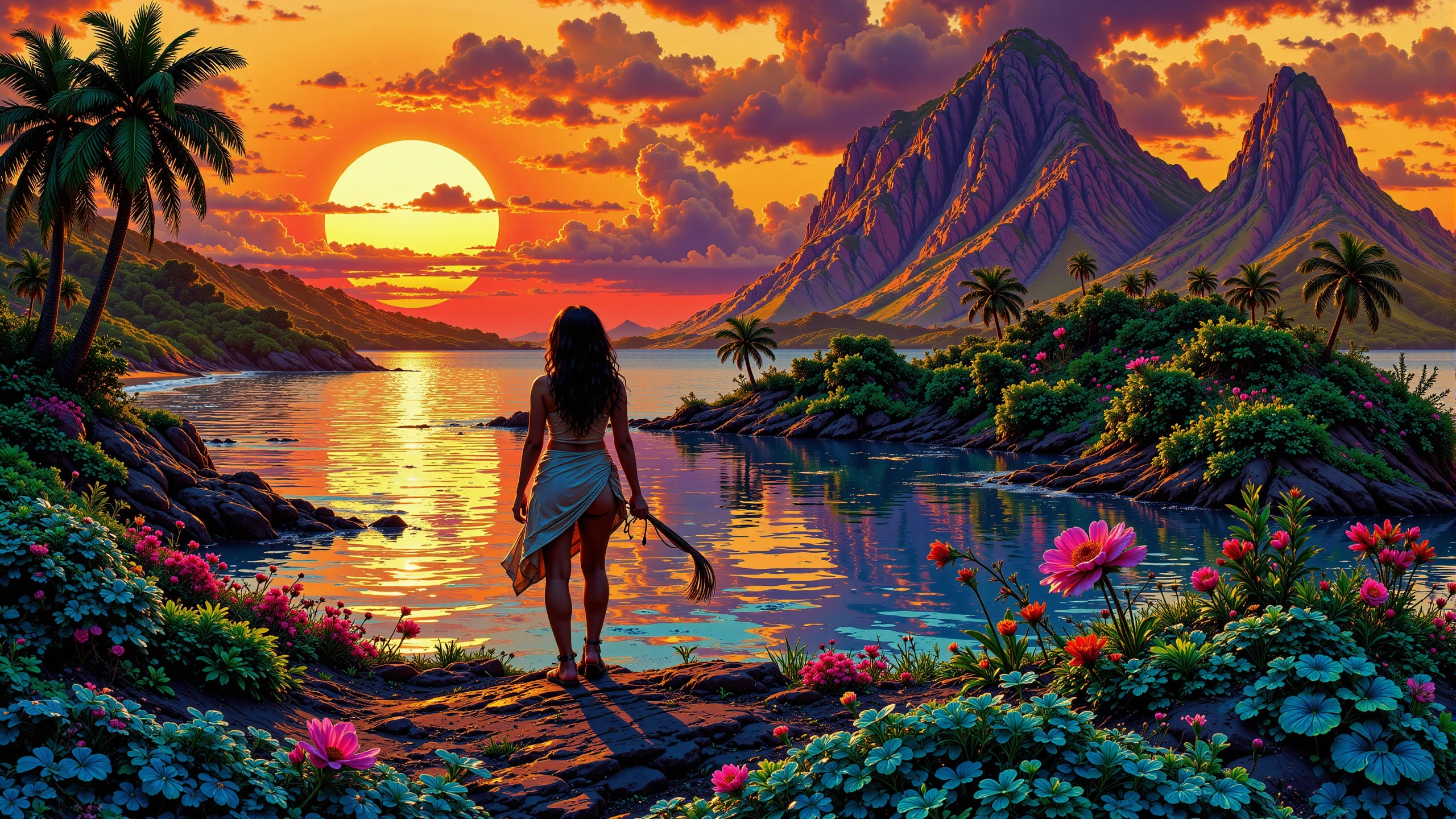 Micronesian beautiful  landscape, sunset, woman, very intricate, very detailed, sharp, bright, colorful, <lora:Hand v2:0.5> <lora:Anti-Blur:1><lora:Insane Detail Slider:0.25>  <lora:flux.1_lora_flyway_Epic-detail_v2:0.3> <lora:fluxenhancer:0.25> <lora:ck-Neon-Retrowave:0.4> ck-rw, in the style of ck-rw,  <lora:Neurocore Anime Cyberpunk:0.8> A digital artwork in the style of cknc