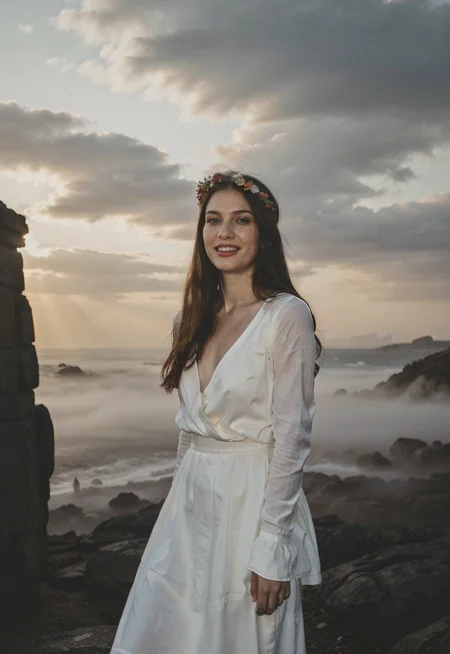 [ng_deepnegative_v1_75t:0.95] (smiling, cheerful, colorful:1.3) Girls-Next-Door_Michelle ((Photograph of an Irish woman, looking to the side, freckles, ginger hair, long hair, head wreath, celtic knots, white dress, (dark, foggy, dimly lit, silhouette:1.2), stone ruins, coastal hills, (best quality, detailed),))
0001SRGoodPictureV3 (cosmos:1.7) <lora:skin_slider_v10:0.7>
<lora:epiCRealismHelper:1> <lora:photorealistic02:0.8> epiCPhoto <lora:detailSliderALT:0.5>
<lora:IGInfluencerV1:0.4><lora:SDXLrender_v2.0:0.6>  Wild-Cats-Island_Pamela
<lora:Background Detail Enhanced_Si_v3.0:0.8> jp-Gingerv1-275
<lora:add_detail:-0.5> OverallDetail
<lora:J_origami:0.25> J_origami
<lora:epi_noiseoffset2:0.05><lora:difConsistency_photo:0.2> <lora:HD Horizon v1_0:0.3> <lora:Photographic_Trend:0.25>  <lora:vintage_slider_v10:0.25> <lora:lyco_humans_v10:0.25>  <lora:Photo Focus:0.5>