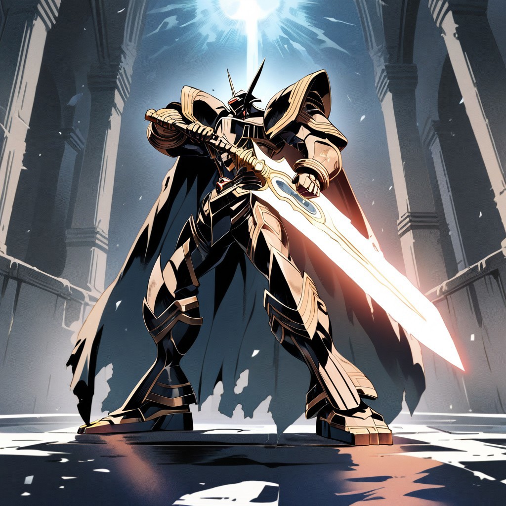 score_9, score_8_up, score_7_up, rating_safe,newest,makoto shinkai,1990s_(style),retro anime,1boy,solo,alphamon,digimon,masterpiece,detailed,best quality,safe,cape,standing,full body,energy sword,holding sword,hdr,dof,moonlight greatsword,indoors,castle