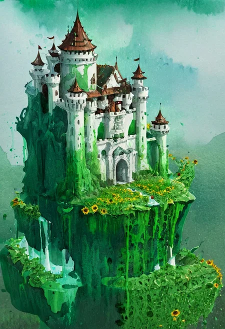 castle,
A traveler looking at a gigantic castle made of dozens of towers, medical, white, grass,matchcraft floating island , ((floating island)), ((towers )),( sky ), (fly ), cloud,waterfall, raining, breezes, stream of water, river, ((Green water)), (sunflowers ),( red AND white castle), water ,watercolor ,ink, ink green , water Green, watercolor Green ink