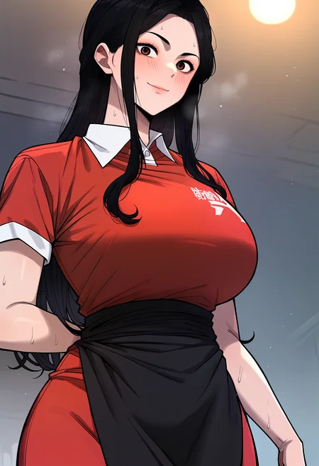 score_9, score_8_up, score_7_up, score_6_up, source_anime, rating_explicit, <lora:neg4all_bdsqlsz_V3.5:2.0>1girl, (solo:1.2), huge breasts, <lora:BaekChaerinponyxl:1> black hair, long hair, brown eyes, (forehead:0.8), red shirt, polo shirt, short sleeves, white polo, red skirt, black apron, waist apron, short sleeves, smile, Narrow shoulders, sweat, heavy breathing, steaming body, (night:1.1), restore, indoor, looking at viewer