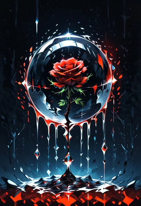 (masterpiece), best quality, Anime, Illustration, (Floating Sphere, Crystal, Magic, Reflection, Melting, Dripping, black Rose), dark Background, No Humans, Starry Theme, (Light Refraction), red and black Theme, Natural Lighting, Verynsty