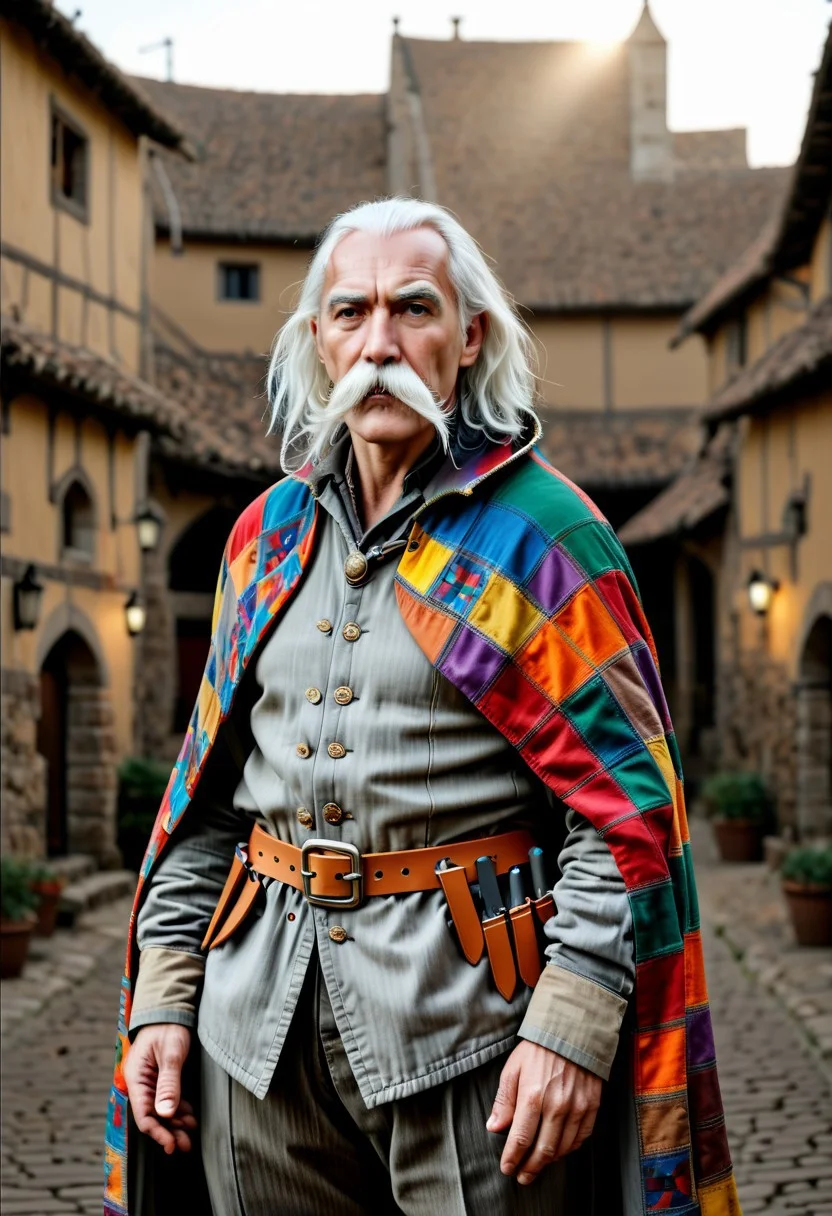 Thom Merrilin, full-body shot, middle-aged man, 45 years old, long bushy white mustache drooping past chin, white hair with steel-gray streaks, high-collared patchwork gleeman’s cloak, red blue green yellow orange squares, open cream linen shirt, gray wool trousers, leather belt with throwing knives, standing in a dusty medieval village square, soft sunlight, rustic buildings, confident expression, fantasy setting, high detail
