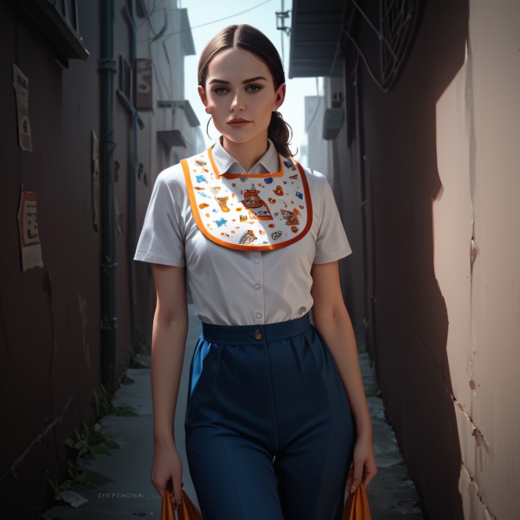 score_7_up, score_8_up, score_9, realistic, studio lighting, best quality, 1girl, stewardess, bib, dark alley,
