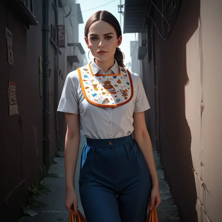 score_7_up, score_8_up, score_9, realistic, studio lighting, best quality, 1girl, stewardess, bib, dark alley,