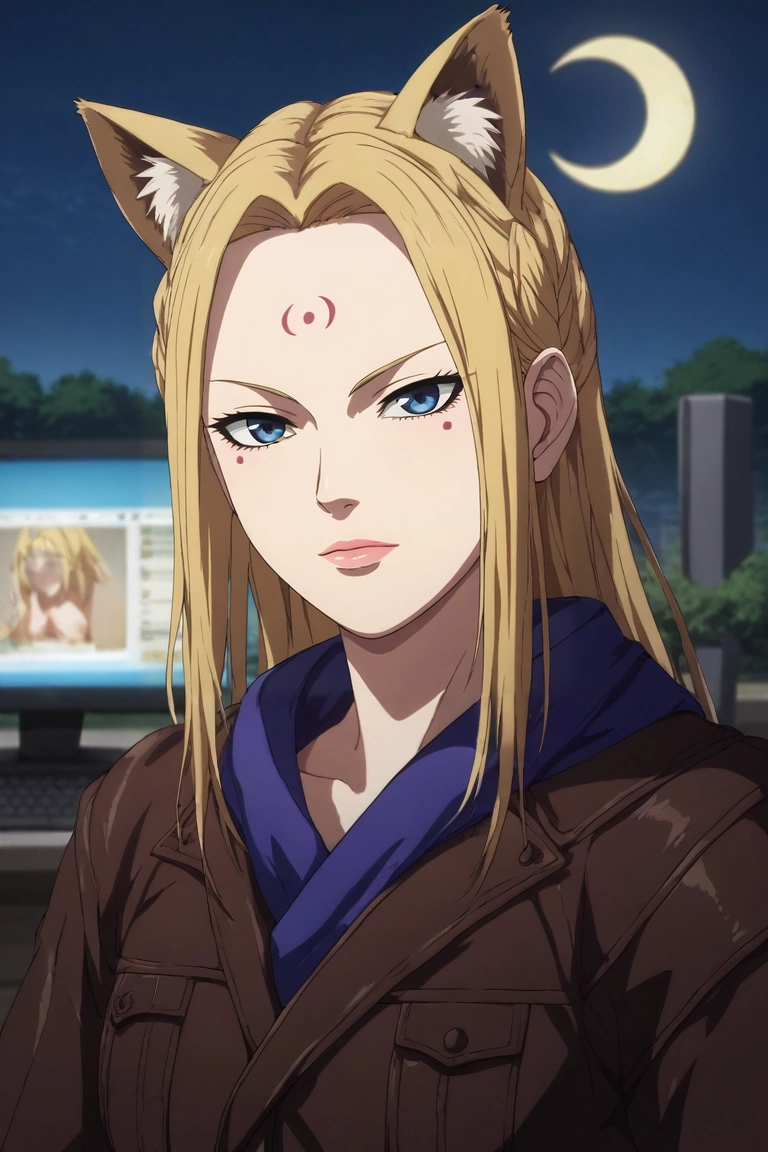 score_9, score_8_up, score_7_up, , rating_safe, , semi-realistic, , depth of field, 1girl, solo, <lora:yang_duanhe_pony:0.76>, yang_duanhe, blonde hair, blue eyes, long hair, facial mark, forehead mark, , upper body, bedroom, computer monitor, night, crescent moon, hand on hip, :D, poncho, leather pants, animal ears, <lora:sdxl_lightning_8step_lora:1>