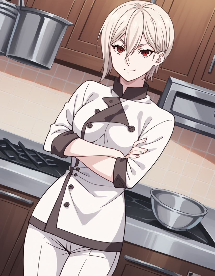 score_9, score_8_up, score_7_up, source_anime,
alicenakiri, <lora:alice-nakiri-s1-ponyxl-lora-nochekaiser:1>,
alice nakiri, short hair, red eyes, white hair, hair between eyes,
pants, white pants, chef, long sleeves, sleeves rolled up,
indoors, kitchen, crossed arms, smile,
looking at viewer, cowboy shot, dutch angle, solo,
