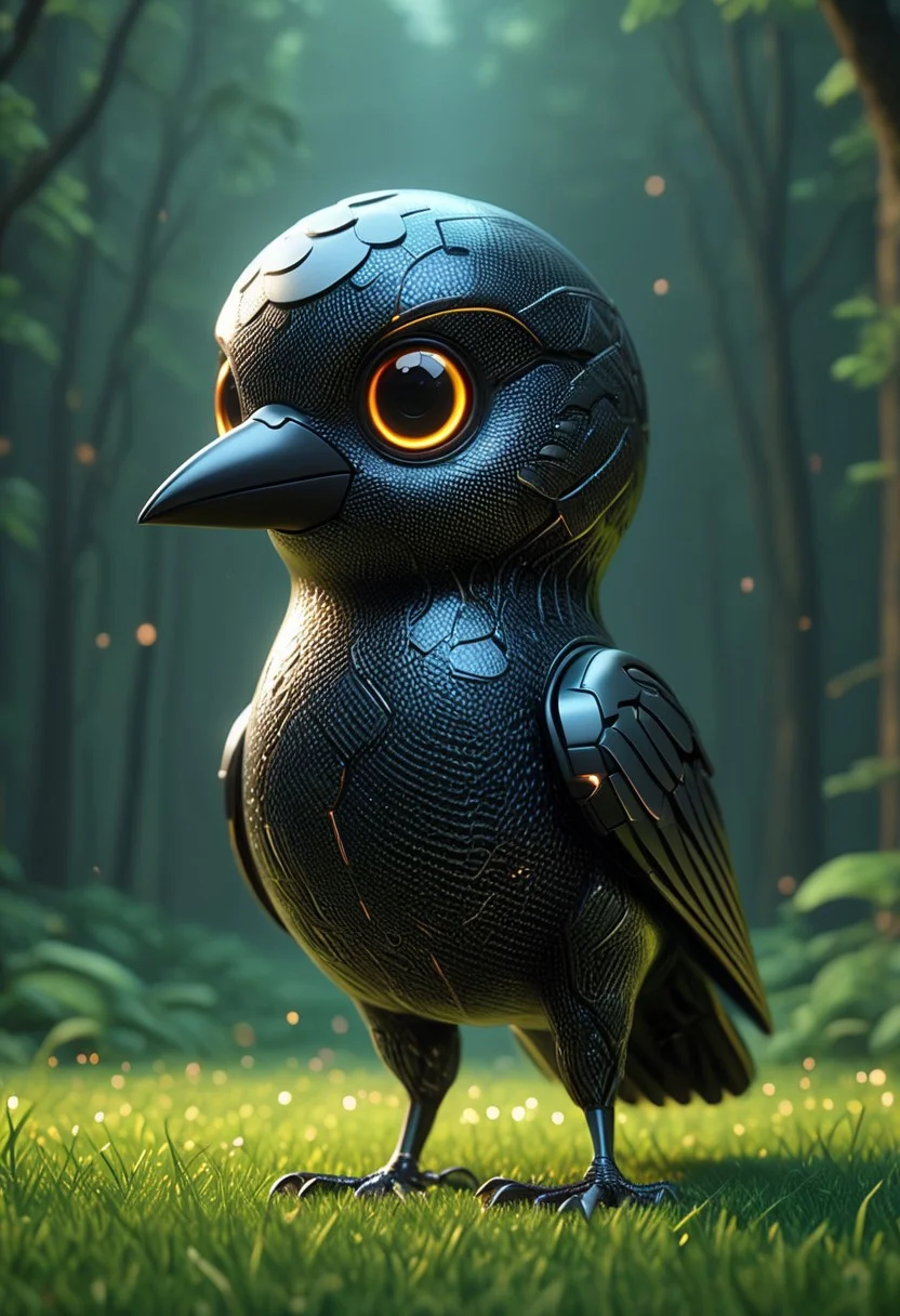 A hyperrealistic cute and funny pixar movie like 3d render of a bird in cf_style, bokeh, looking up, depth of field, simple background, cubes and sphere background, futuristic, cyber lines, cyberpunk vibes, mobe-cybideen, masterpiece, absurdres, vibrant, scifi simple lines setting, dynamic angle, dynamic pose, dramatic light, highly detailed, high resolution textures, ultra high resolution,