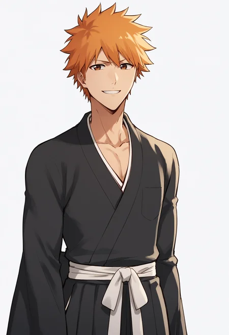 score_9, score_8_up, score_7_up, score_6_up, score_5_up, score_4_up, BREAK, source_anime,
1boy, ichigokurosaki, orange hair, short hair, spiked hair, brown eyes,
black hakama, black kimono, japanese clothes, long sleeves, wide sleeves,
hands behind back, smile, upper body, looking at viewer, solo, simple background, white background <lora:IchigoXL:1>