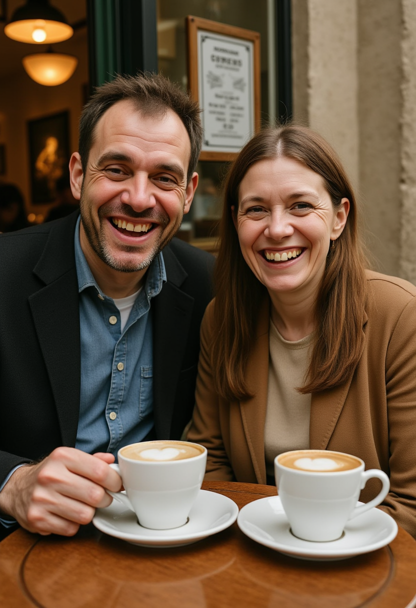 a man and woman sitting at a table with cups of coffee in front of them. They are both smiling and appear to be enjoying each other's company. On the table there are two cups and saucers, and in the background there is a wall with a board attached to it.