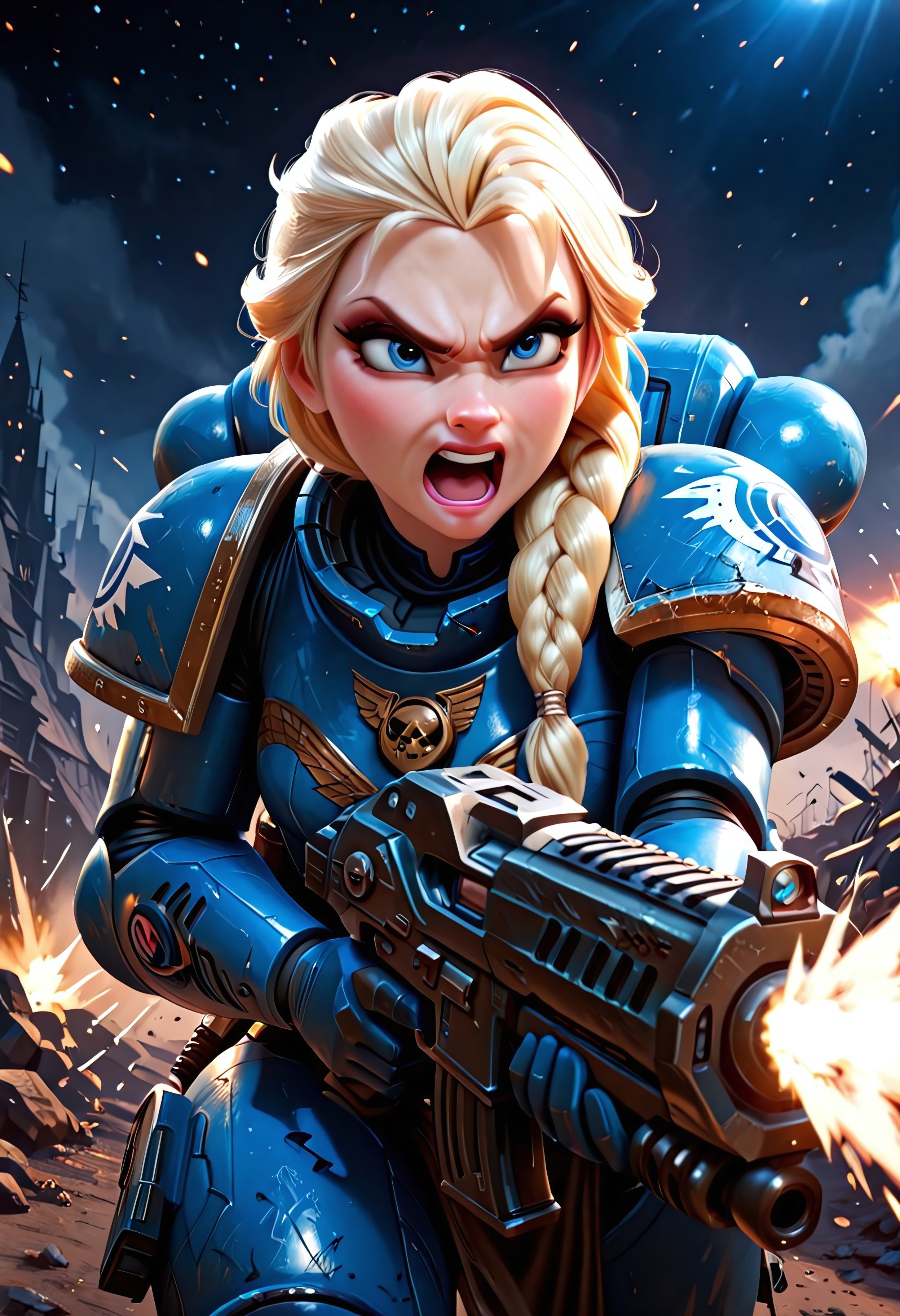 Masterpiece, absurdres, best quality, solo, ElsaXL,, blonde hair, blue eyes, single braid, hair over shoulder, makeup, yelling, angry expression, space marine, power armor, firing gun, heavy bolter, battlefield background, UltraM40k, no helmet,
