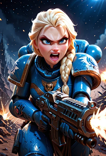 Masterpiece, absurdres, best quality, solo, ElsaXL,, blonde hair, blue eyes, single braid, hair over shoulder, makeup, yelling, angry expression, space marine, power armor, firing gun, heavy bolter, battlefield background, UltraM40k, no helmet,
