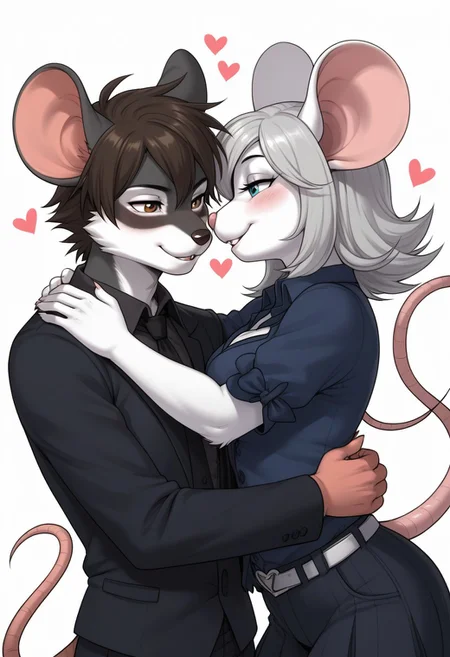 anthropomorphic male mouse embracing anthropomorphic female mouse, heart