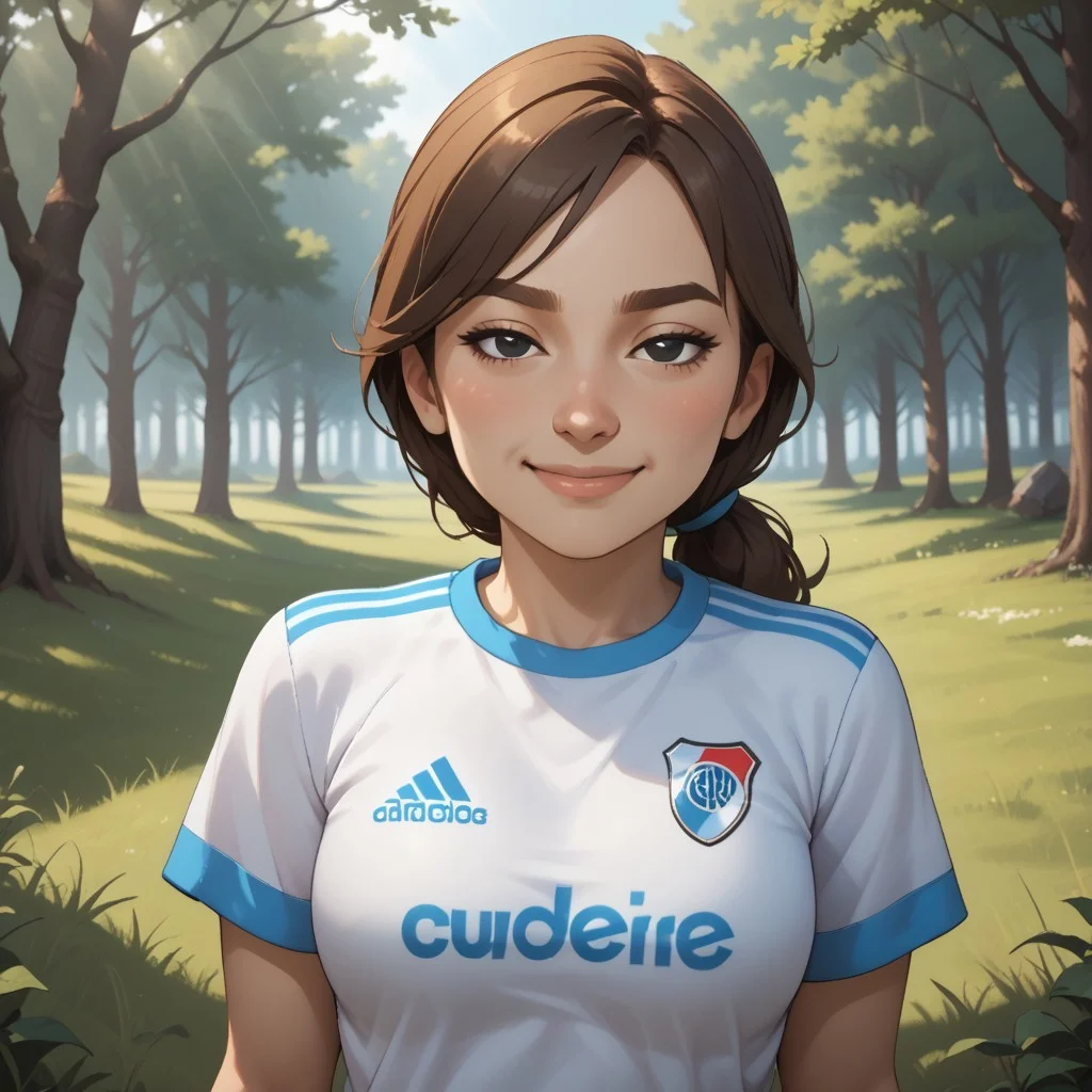 score_9, score_8, BREAK, solo, mii, wii, wii sports resort, female mii, 1girl, cute, brown hair, brown eyebrows, rectangle eyebrows, black eyes, sleepy eyes, half circle eyes, small nose, blush, :I, Hiromi_(\Wii_Sports_Resort\), medium breasts, Nintendo Mii, modern_mii, classic_mii, RiverPlate, striped shirt, striped, shirt, white shirt, short sleeves, clothes writing, sportswear, soccer uniform, sexy pose, self portrait, smile, outdoors, sunlight, shadows, evening lighting, natural lighting, forest, trees, grass, orange sky, sunset